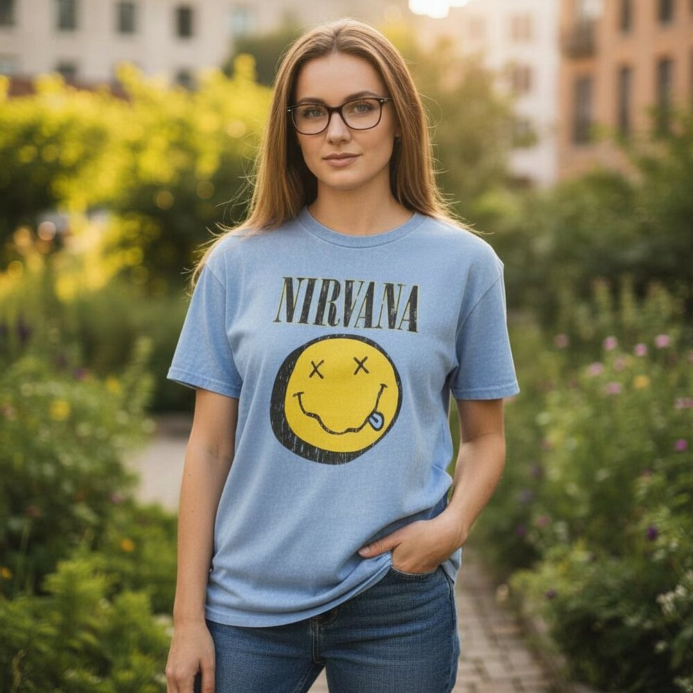 Nirvana Light Blue Acid Wash Short Sleeve Smiley Graphic Band Tee